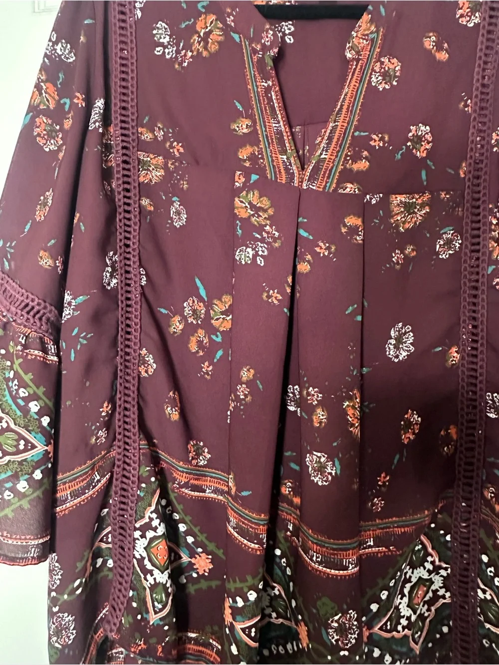 Knox Rose XXL Boho Floral Tunic Blouse Burgundy Bell Sleeve